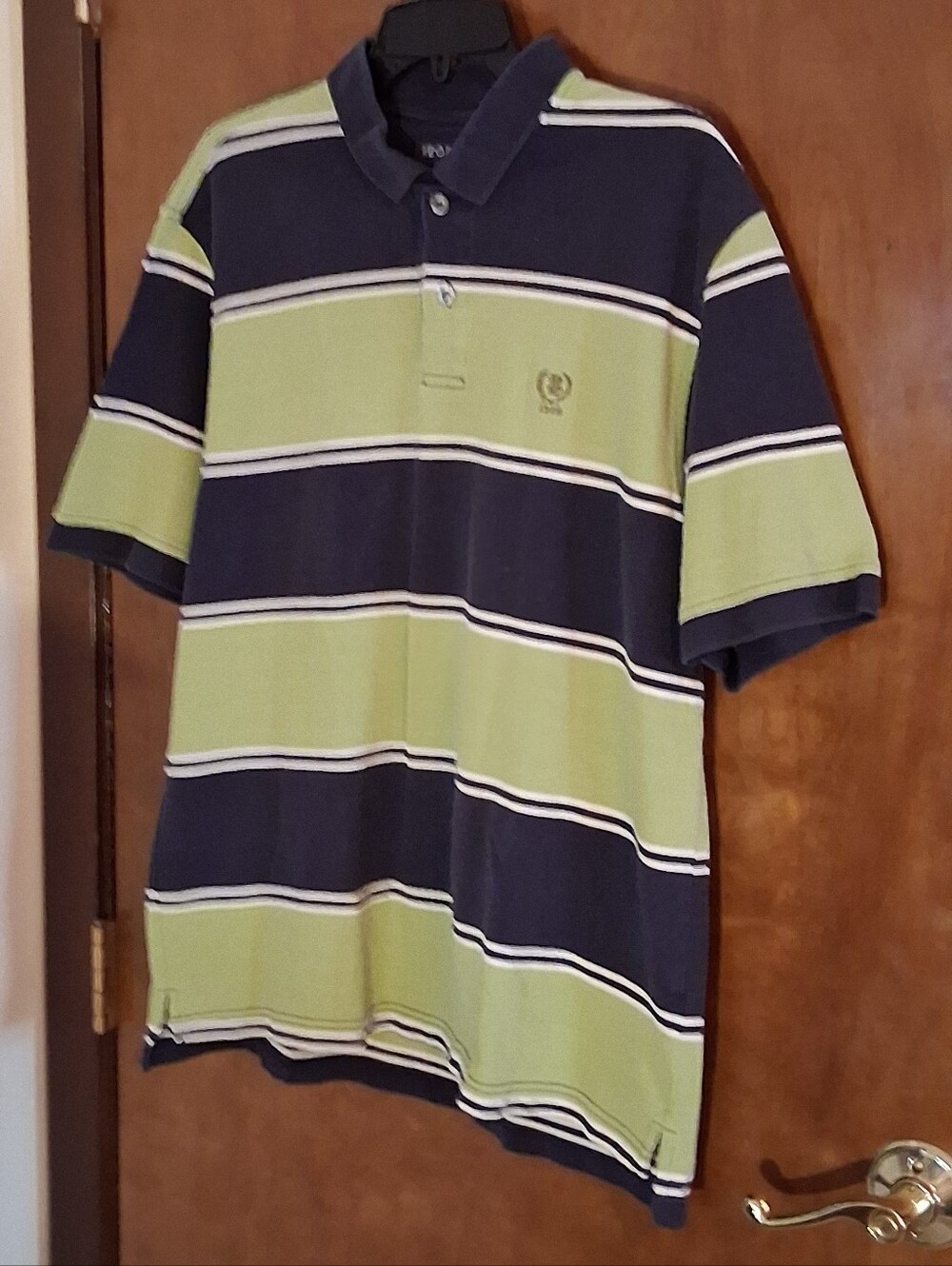 IZOD Men's Polo Shirt Large Navy Green White Striped Short Sleeve